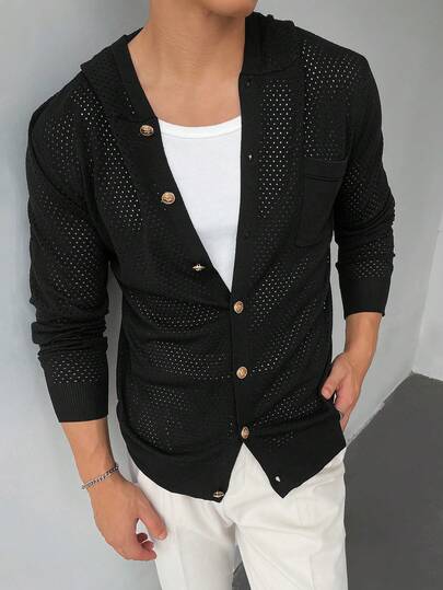 Cardigan con cappuccio da uomo con bottoni e tasche sul petto, maglione lavorato a maglia traforato, autunno inverno