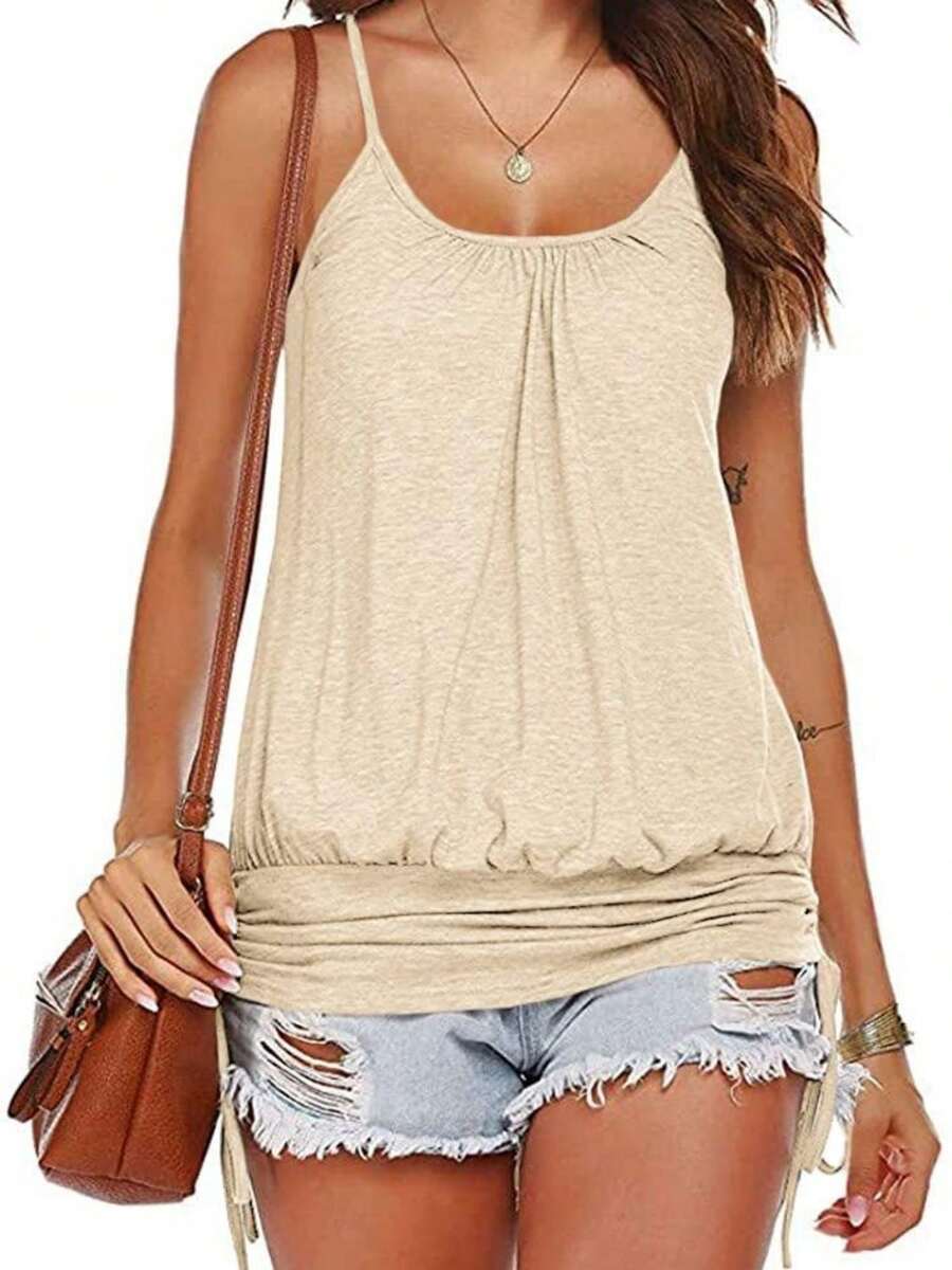 Tops Women Lace Up Shirt - Summer Spaghetti Strap Tank With Side Shirring & Banded Bottom - 米色 - 查看 1