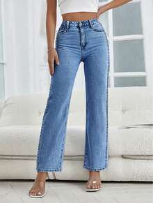 Women's Front Button Pocket With Rivet Decoration Straight Leg Denim Pants, Suitable For Daily Casual Wear - Rửa tối - Xem 3