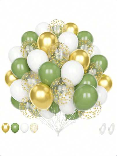 51pcs Sage Green & Gold Balloons, 10/12 Inch Olive Green Metallic Gold Latex Confetti Balloons, Suitable For Birthday, Baby Shower, Bridal Shower, Anniversary, Engagement, Wedding, Gender Reveal, Jungle Theme Party Decoration