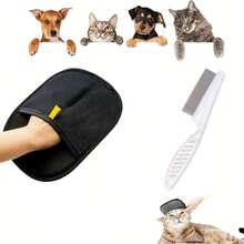 مجموعة مكونة من قطعتين: 1 قفاز إزالة الشعر المضاد للكهرباء الساكنة، 1 مشط إزالة الشعر، فرشاة للحيوانات الأليفة ذات وجهين ومشط إزالة البراغيث، إزالة الشعر