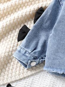Conjunto de 2 piezas de chaqueta de manga larga de mezclilla con bolsillo con lazo y pantalones de peto para bebés niñas, estilo callejero vintage, para primavera/otoño - Negro - Ver 8