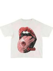 [High Quality Men's And Women's T-Shirts]Cartoon Lips Y2K Style Directional Printing (220g Cotton-Shirt) Cotton-Shirt - Soft, Breathable,% Cotton Fabric - Comfortable And Energetic Summer Street Style Short Sleeved-Shirt, Cool Design Retro Summer Men's Daily Wear-Shirt-- | Exquisite Design |   Loose And Comfortable |   Easy To Match | - 白色 - 查看 2