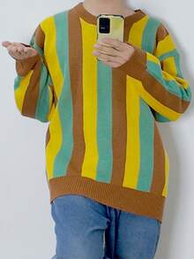 Plus Size Men's Casual Soft & Comfortable Striped Crew Neck Long Sleeve Knit Sweater, Autumn/Winter