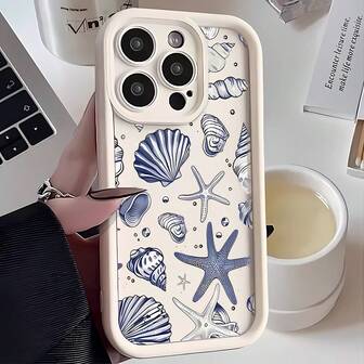 1 件蓝色和白色贝壳、海浪、贝壳、海星可爱卡通软手机壳，天蓝色和磨砂白色镜头框架阶梯式设计防震保护套，适用于三星/Galaxy/OPPO/VIVO//Honor/Realme