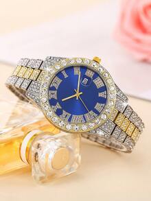 Juego de 3 piezas: Reloj de cuarzo de estilo hip hop para hombre con esfera redonda, calendario, caja y correa de aleación de zinc, movimiento de cuarzo; incluye collar con colgante de cruz y pulsera, juego de accesorios de moda - Multicolor - Ver 3