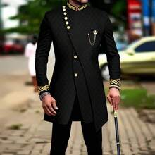Men`S Suit Double Breasted Slim Fit Embroidery Chain Blazer And Pants Set Dashiki Outfits African Clotheshalloween - 黑色 - 查看 8