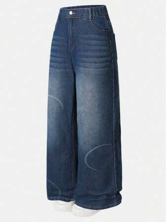 2025春秋新款青少年女孩水洗蓝色牛仔裤超大休闲印花宽松牛仔裤适合青少年