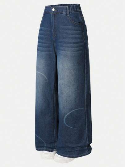 2025春秋新款青少年女孩水洗蓝色牛仔裤超大休闲印花宽松牛仔裤适合青少年