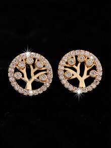1 Pair Golden Metal Tree Of Life 5A Cubic Zirconia Hollow Elegant Earrings - Yellow Gold - View 4