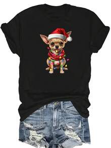 Camiseta de Chihuahua Unisex, de verano, casual, transpirable, de cuello redondo, de manga corta, ropa de calle, versátil, adecuada para adolescentes y adultos - Negro - Ver 1
