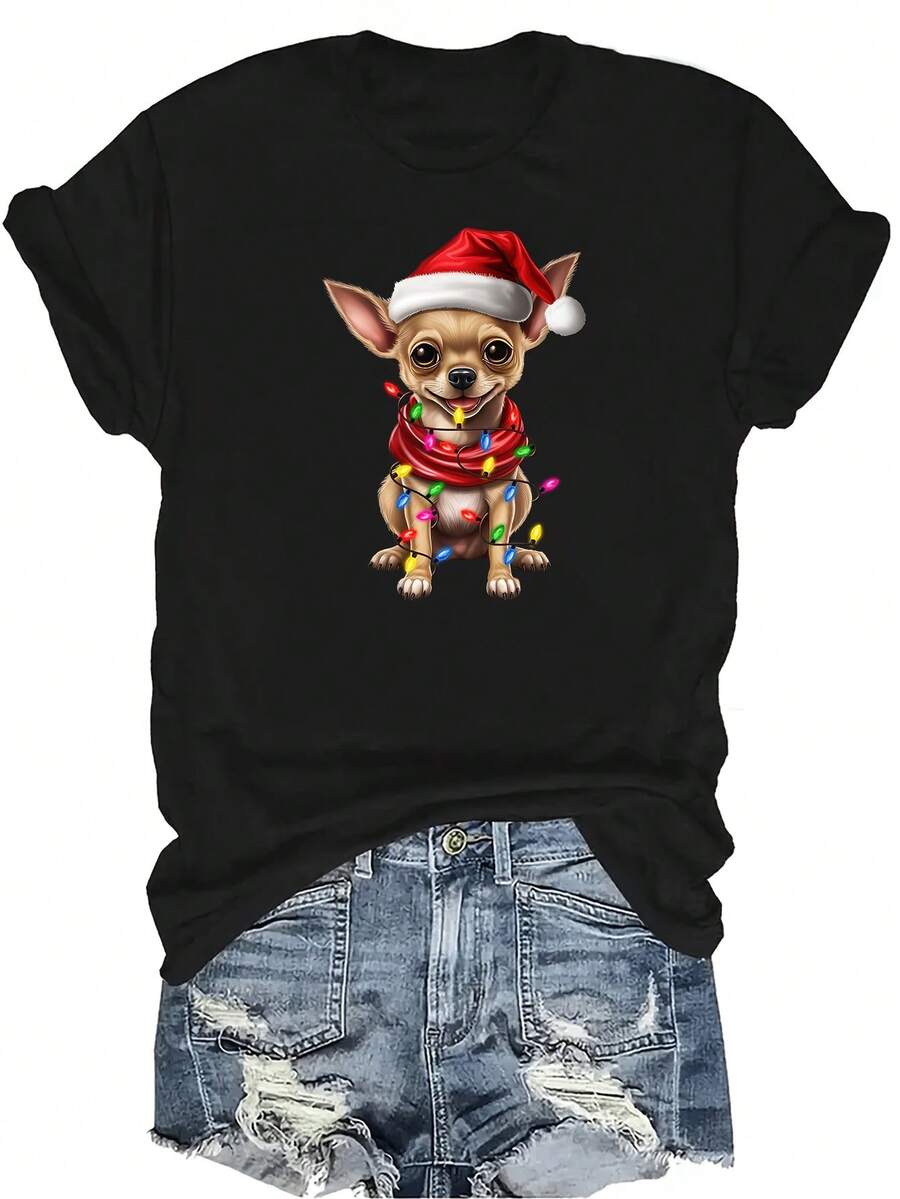 Camiseta de Chihuahua Unisex, de verano, casual, transpirable, de cuello redondo, de manga corta, ropa de calle, versátil, adecuada para adolescentes y adultos - Negro - Ver 1