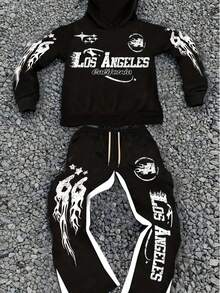 2-Piece Men's Hooded Sweatshirt Set, Long-Sleeved Hooded Sweatshirt With Casual Trousers, Men's Casual Sports Suit, Flame And Star Pattern Print, Los Angeles Style,  Avant-Garde - 黑色 - 查看 1