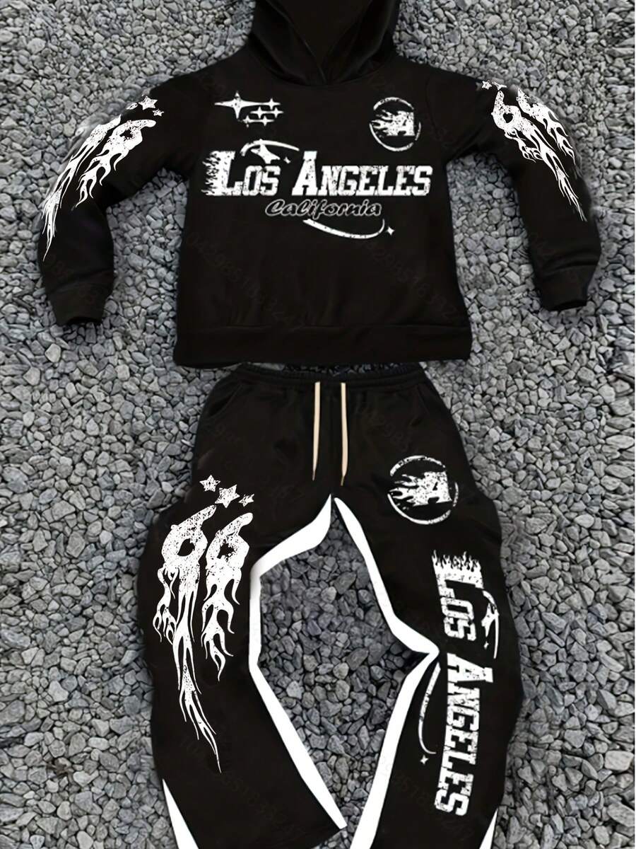 2-Piece Men's Hooded Sweatshirt Set, Long-Sleeved Hooded Sweatshirt With Casual Trousers, Men's Casual Sports Suit, Flame And Star Pattern Print, Los Angeles Style, Avant-Garde - 黑色 - 查看 1