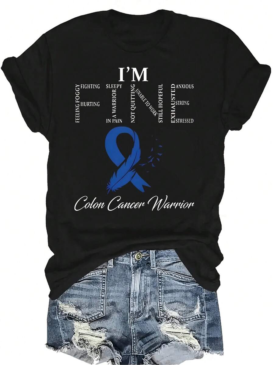 Camiseta Guerrero del Cáncer de Colon Estoy Bien Unisex Verano Casual Transpirable Personalidad Cuello Redondo Manga Corta Camiseta Ropa de Calle Versátil, Adecuada para Adolescentes y Adultos - Negro - Ver 1