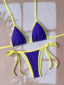 Women's Backless Leopard Print Patchwork Bikini Set (Top And Bottom), Casual Summer - Royal Blue Brocade - View 2