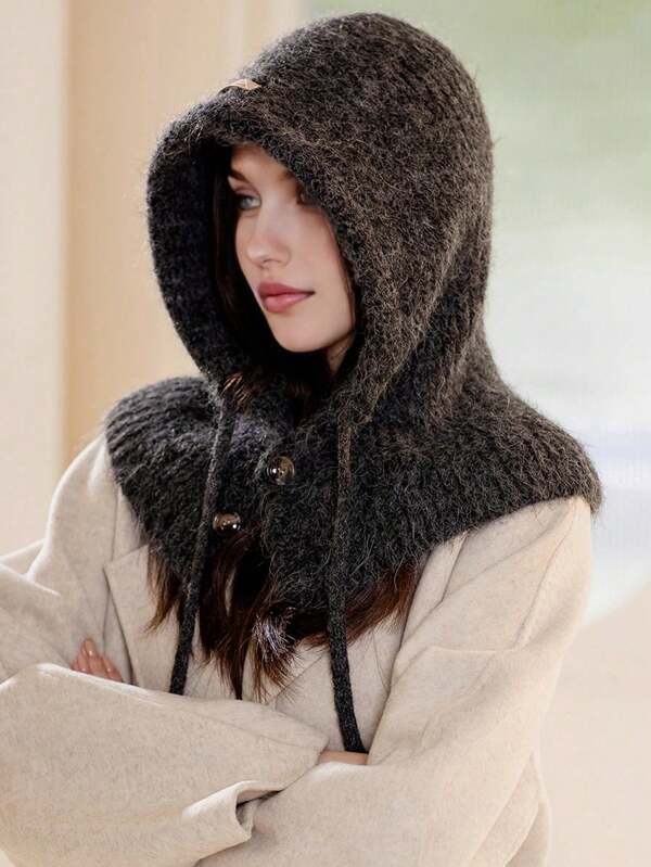 1 pezzo Balaclava da donna in colore tinta unita e morbido, cappello invernale caldo e antivento con protezione per le orecchie, in maglia spessa, carino, casual, elegante, retrò, streetwear, versatile, adatto per teste grandi, ideale per attività all'aperto, sci, ciclismo, viaggi, feste, uso quotidiano