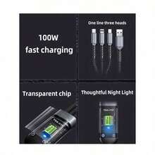 3-In-1 Super Fast Charging Cable, 3-In-1 Charging Cable With Transparent Illuminated Braided Nylon Wire, Fast Charging Data Cable Compatible With IPhone, Android, Camera, MP3 Universal Adapter 100W