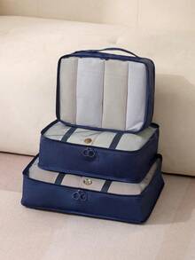 3 件套旅行袋，大容量衣物收纳袋，行李收纳袋 - 藍色 - 查看 3