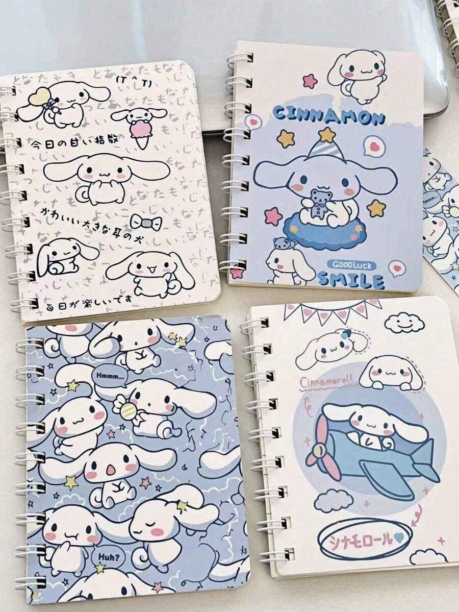 Sanrio 4 Stücke/Set Spiralhefte - süßes Cartoon Design, A7 Größe, dickes Papier, Spiralbindung, tägliche Schreibwaren, Zufallsfarbe, Mini-Hefte, handflächengroß, perfekt für den Schulstart! (Tatsächliches Produkt wie auf dem Bild gezeigt.)