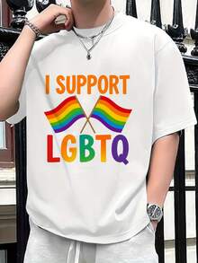 Round Neck White T-Shirt With I SUPPORT LGBTQ Rainbow Flag Print For Pride Events - White - View 1