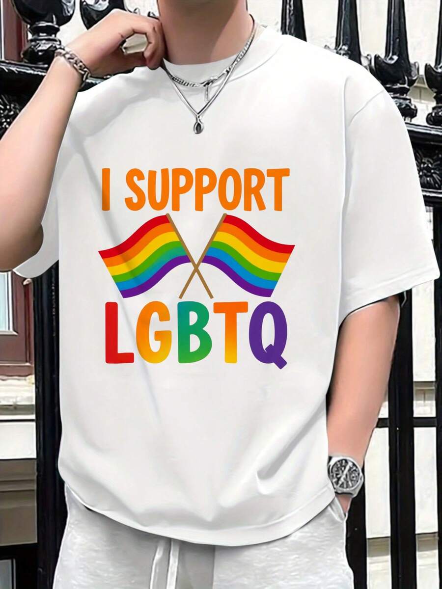 Round Neck White T-Shirt With I SUPPORT LGBTQ Rainbow Flag Print For Pride Events - White - View 1