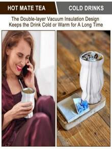 80盎司/230毫升马黛茶杯套装 葫芦形不锈钢防烫隔热带清洁刷吸管勺家用茶具 - 彩色 - 查看 6