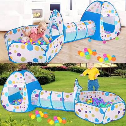 3-In-1 Youngsters' Play Tent - Indoor Foldable Game House With Steel Frame, Polyester Material - Red/Blue (!!! Balls Not Included !!!)