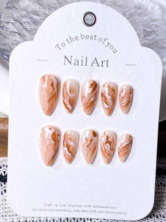 10片纯手工压短指甲，红色指甲，棕色指甲，手绘如燃烧的云朵般美丽的渐变色，可爱的指甲，适合女士和女孩的尖头秋季压指甲。