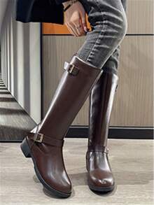 2025 New Round Toe Over-The-Knee Riding Boots For Women, British Style Slim Fit, Chunky Mid Heel, Versatile For Autumn/Winter