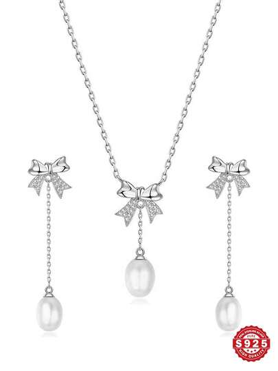 1 set lyxigt halsband och örhängen i 925 sterlingsilver med rosett och odlad pärla och kubisk zirkonia, elegant smyckespresent till alla hjärtans dag, fest, vardagsbruk, levereras med fin presentask