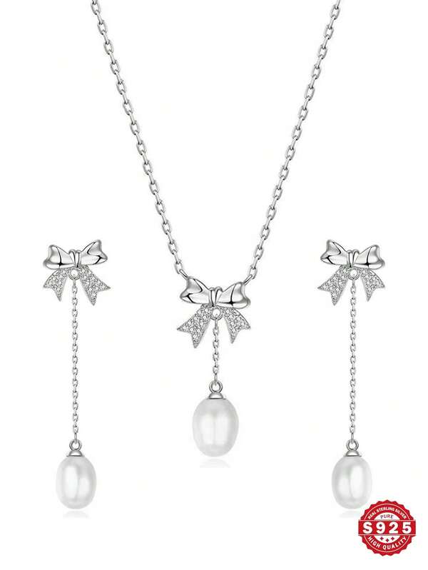 1 Set de collar y aretes de plata de ley 925 con lazo, perla cultivada y circonita cúbica, regalo de joyería elegante para el Día de San Valentín, fiestas, uso diario, incluye caja de regalo delicada