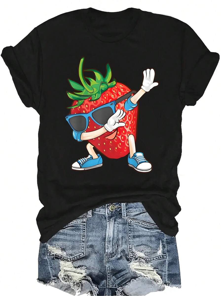 Camiseta unisex de verano casual y transpirable con estampado de fresa haciendo el baile del dabbing, divertido, con diseño de amor y fruta dulce. Cuello redondo, manga corta, estilo urbano y versátil, adecuada para adolescentes y adultos - Negro - Ver 1