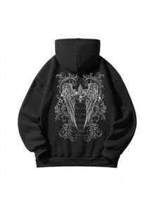 New Minimalist Angel Wings Print Casual Round Neck Long Sleeve T-Shirt, Fashionable & Versatile, Suitable For Women Fleece Hooded T-Shirt In Autumn/Winter - Black - View 5