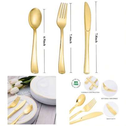 100PCS Gold Plastic Silverware - Gold Plastic Cutlery Set Disposable Flatware Dinnerware - 50 Forks, 25 Spoons, 25 Knives Party, Birthday, Wedding