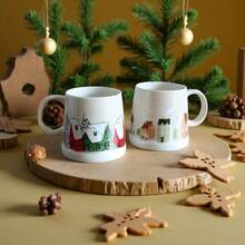 1pc 350ml/11.84oz Ceramic Christmas Tree House Themed Mug, Creative Minimalist Snowflake Tree House Coffee Cup, Suitable For Christmas Holidays, Office Gatherings, Cute Christmas Gift