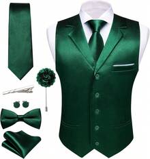 Mens Formal Suit Vest Tie Bowtie Set 8PC Lapel Collar Casual Waistcoat Wedding Party TuxedoChristmas AUIA - 玫紅色 - 查看 7