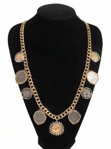 Colar com combinação de moedas vintage punk, colar com pingente de corrente de dois tons, texturizado grosso e exagerado, ideal para uso diário feminino, festas, hip-hop, presente (posição do pingente aleatória) - Multicolorido - Ver 9