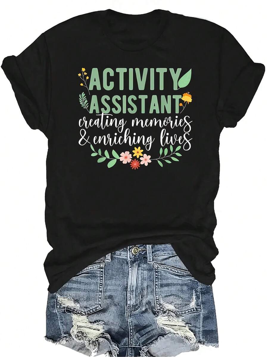 Camiseta de apreciación para asistente de actividades, unisex, de verano, casual, transpirable, de personalidad, cuello redondo, manga corta, ropa de calle, versátil, adecuada para adolescentes y adultos - Negro - Ver 1