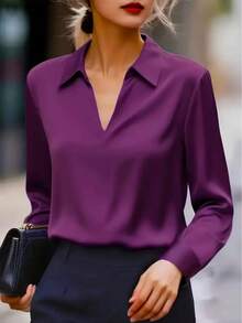 1 pieza Blusa de satén de unicolor con cuello en V y manga larga, para oficina, casual, viaje, vacaciones, todo el año