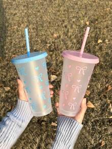 12个可重复使用的塑料杯，配有粉色丝带，24盎司淡蓝色蝴蝶结塑料杯，带盖和吸管，可爱透明塑料杯，塑料杯，夏季饮料杯，适合生日、婚礼和派对用品，非常适合派对、饮用、咖啡，以及母亲节、婚礼、生日、单身派对或礼物。 - 彩色 - 查看 2