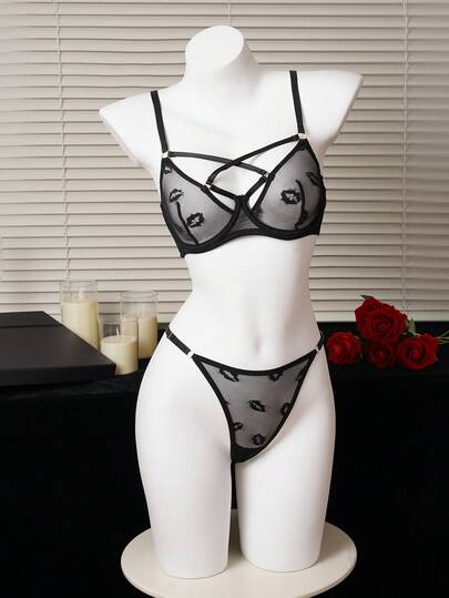 1 Conjunto de Sujetador y Ropa Interior de Mujer de unicolor con Copa Delgada y Aros Cruzados Cómodo