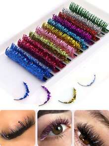 1 Case 12 Rows Glitter Eyelash Summer Colorful Shiny Lashes Wedding Concert Party Eye Lash 10-15mm Silvery Blue Green Purple Pink Yellow Gold Eyelashes - 彩色的 - 查看 6