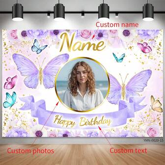 SuzanneHome Personalized Custom Photo Name Birthday Banner - Pink Butterfly Floral Gold Glitter Backdrop Background For Girls Women Happy Birthday Party Decor