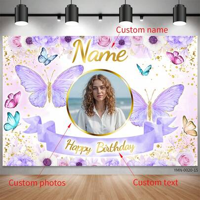 SuzanneHome Personalisiertes Foto-Namen-Geburtstagsbanner - rosa Schmetterling Blumen Gold Glitzer Hintergrund, geeignet für Geburtstagsdekoration von Mädchen und Damen