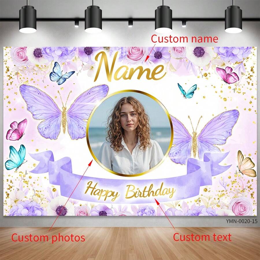 SuzanneHome Personalized Custom Photo Name Birthday Banner - Pink Butterfly Floral Gold Glitter Backdrop Background For Girls Women Happy Birthday Party Decor - Multicolor - View 1