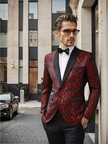 Men's Floral Dinner Party Prom Wedding Stylish Suits For Men One Button Dinner Jacket Pants Sethalloween - 紅色 - 查看 6