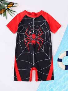 Young Boys Elegant Outdoor Casual Cute Spider Digital Print Raglan Short Sleeve Romper Swimsuit, Summer - Black - View 2