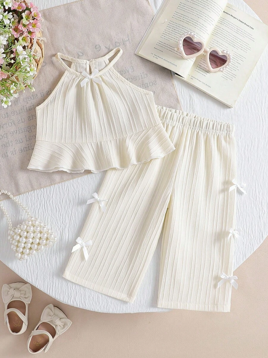 Baby Girls' Solid Color Spaghetti Strap Camisole Top With 3D Bow Decor & Ruffle Hem, Straight Leg Pants 2 Piece Outfit, Suitable For Everyday Outings In Spring/Summer