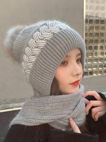 1 pièce Nouveau bonnet tricoté une pièce pour femmes en hiver, bonnet chaud avec polaire et renforcé, bonnet de neige et écharpe intégrée pour protéger les oreilles, bonnet en laine, , unique et polyvalent. Tenue d'automne, cadeau de la Saint-Valentin - Multicolore - Voir 7